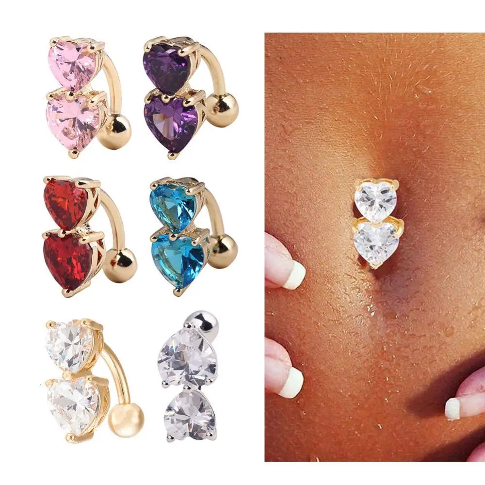 jewelry zircon surgical steel double heart stone belly button