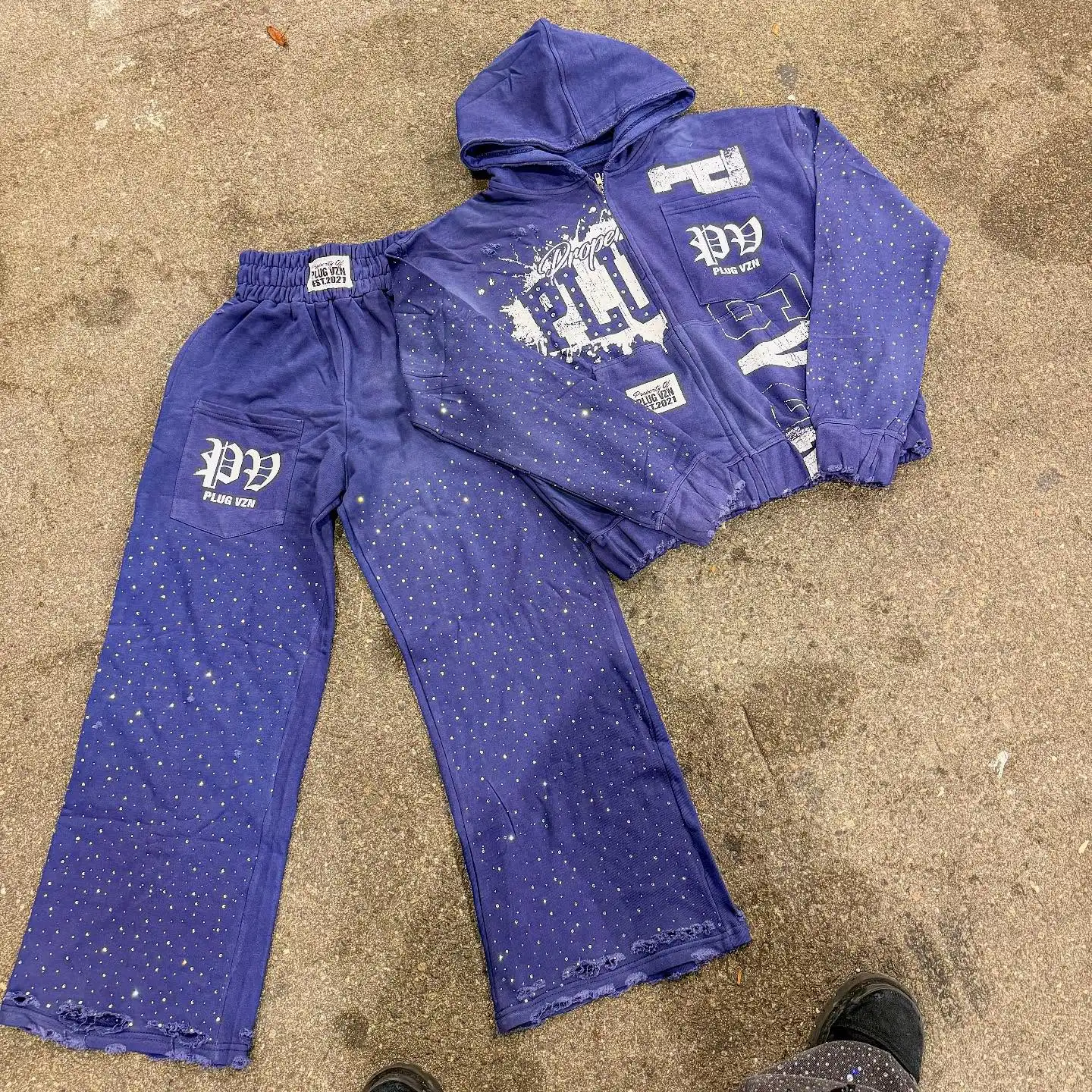 Custom Washed Vintage Print Rhinestone Sun Faded Full Zip up Hoodies Tracksuits Men Flared Acid Wash Sweatpants Hoodie Set gallery 6