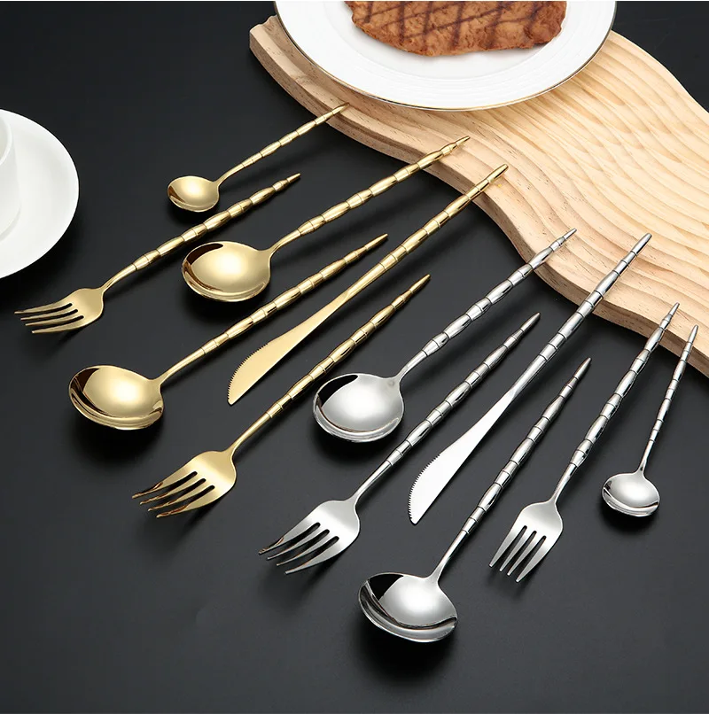 High Quality 18/10 Stainless Steel Cutlery Set Bamboo Handle Knife Fork Spoon Hotel Silverware Gold Cutlery Set for Restaurant