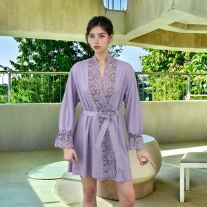 Elegant Satin Polyester Spandex V-neck Night Robe Breathable Soft Thermal Sleepwear Lingerie Elastic Waist Short Length Plain