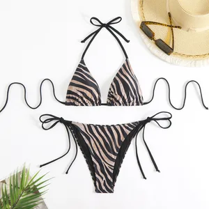Women Sexy Printed Striped Halter Tie Bikini Set Two Piece Spandex/Nylon Breathable Swimwear for Beach and Vacation