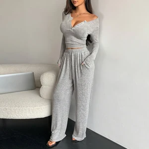 Solid Casual Suit Custom logo Button Down Top Wholesale Drawstring Trousers Factory Directly