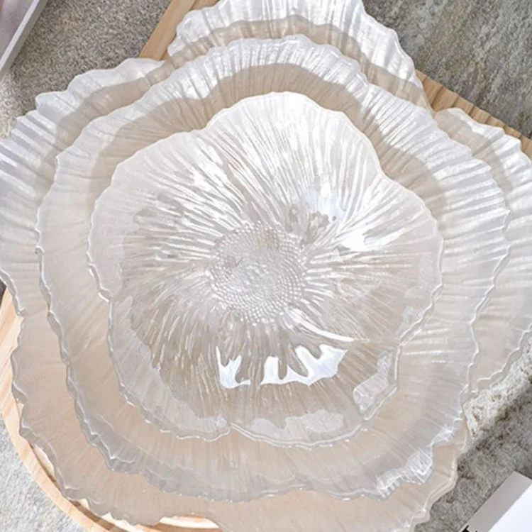 Pearl White Glass Plate Big Size Kitchenware Pearlescent Snack Creative Candy Fruit Plate Flower Crystal Plate