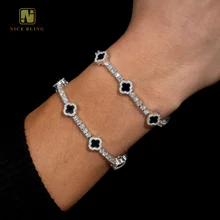 New Arrivals Jewelry 3mm  Iced Out Hip Hop Bracelet 925 Sterling Silver Black & White Moissanite Clover Tennis Bracelet necklace