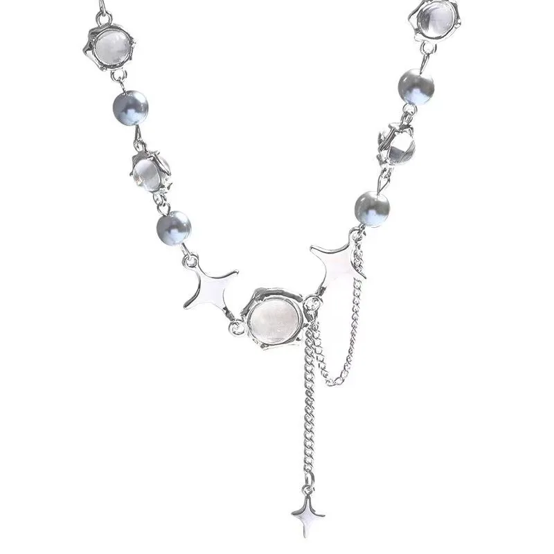 ZooYing Exquisite Moonlight Stone Set with Diamond Four Star Pendant Necklace Fashion Baroque Choker Jewelry for Women