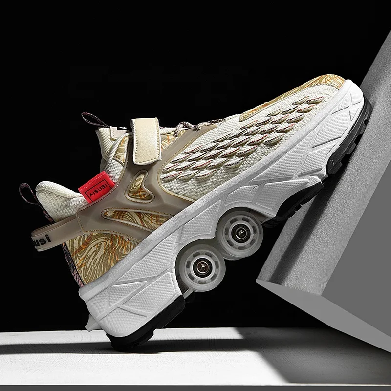 Deformation Walking Roller Skate Shoes in Outdoor Sports Kick Out  Spinning Top Roller Skates Shoes with Retractable Wheels