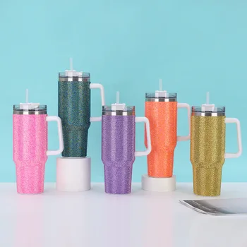 Modern Design 40oz Stainless Steel Car Cup Handle Portable Car Thermos Mug Diamond Straw for Back School Cold Cross-Border