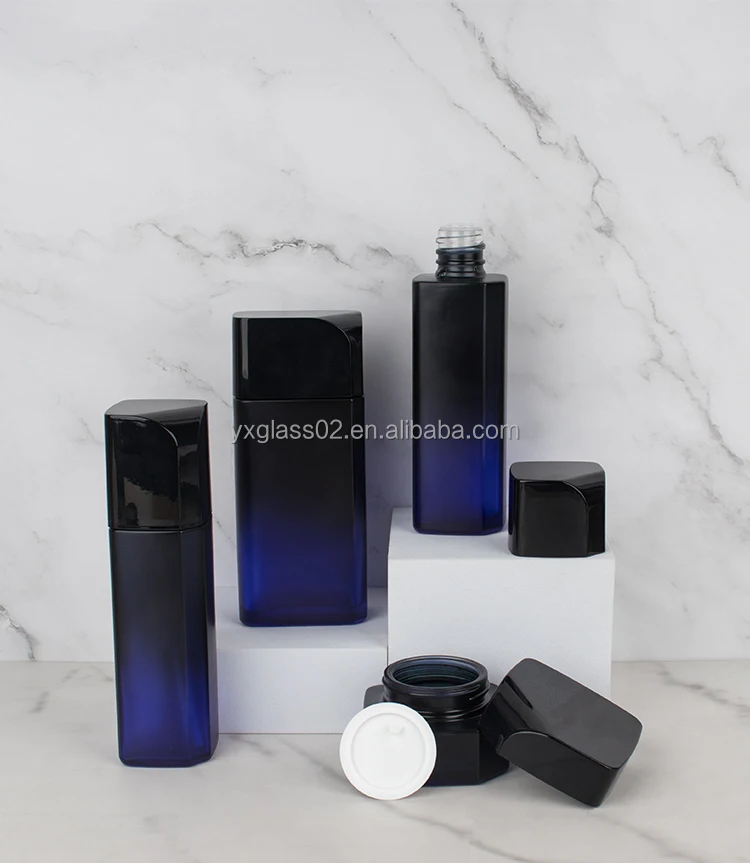 Luxury irregularity shape cosmetic glass bottle set Unique design man Skincare cosmetic packaging glass suit container manufacture