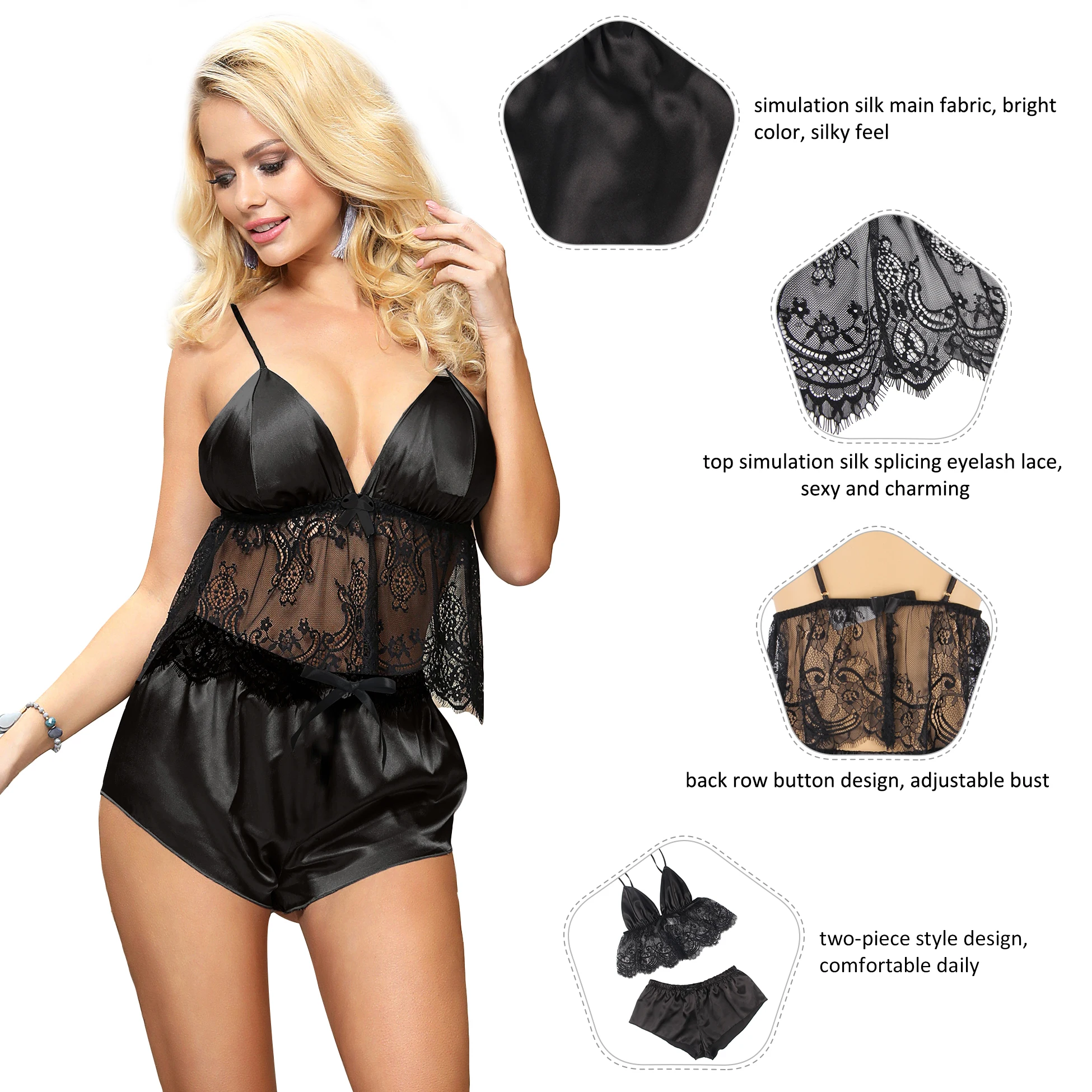 Plus Size Woman Sexy Pajamas Set Black Satin Lace Sling Top Shorts Lady Lingerie Buy Pajamas