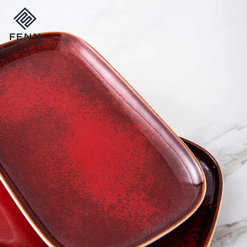 product fenn low moq reactive red serving tray platter hotel restaurant luxury ceramic appetizer salad meat serving platter-58