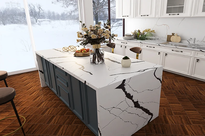和丰地平线人工calacatta巴西石英石石板纯白色大理石台面厨房岛板