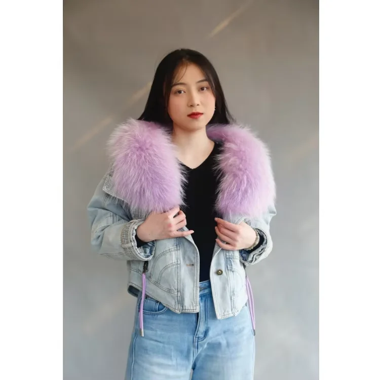 Custom Indigo Blue Denim Down Jacket Women Winter Coat Raccoon Fur Collar  Goose Feather Lined Thick Parka