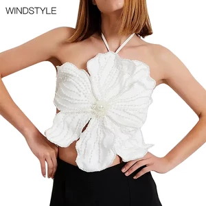 Three-Dimensional Flower Stitching Design Sexy Pearl Inlaid Asymmetrical Short Lace-up Top Embroidery Feeling Hang-Neck