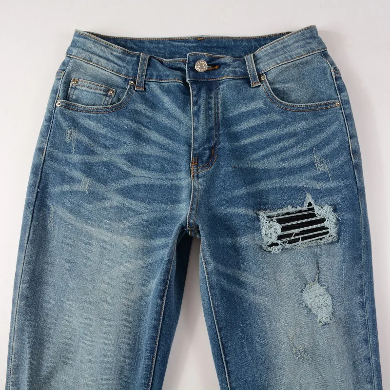 Hot Sell Custom Men Vintage Blue Denim Knee Distressed Hip Hop Washed Pants Ripped Stacked Jeans