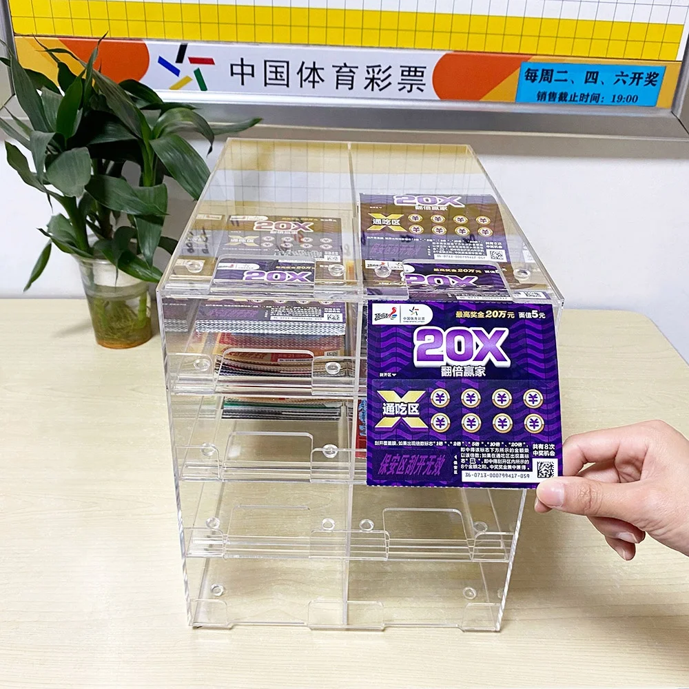 Lottery Store 4 Layers Custom Logo Countertop Plastic Lottery Ticket Display Box Dispenser Clear Acrylic Lottery Box