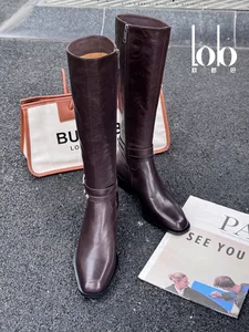 Women's Winter Soft Leather Buckle Design Knee High Boots Solid Color Height Increasing Zipper Western Women's Shoes