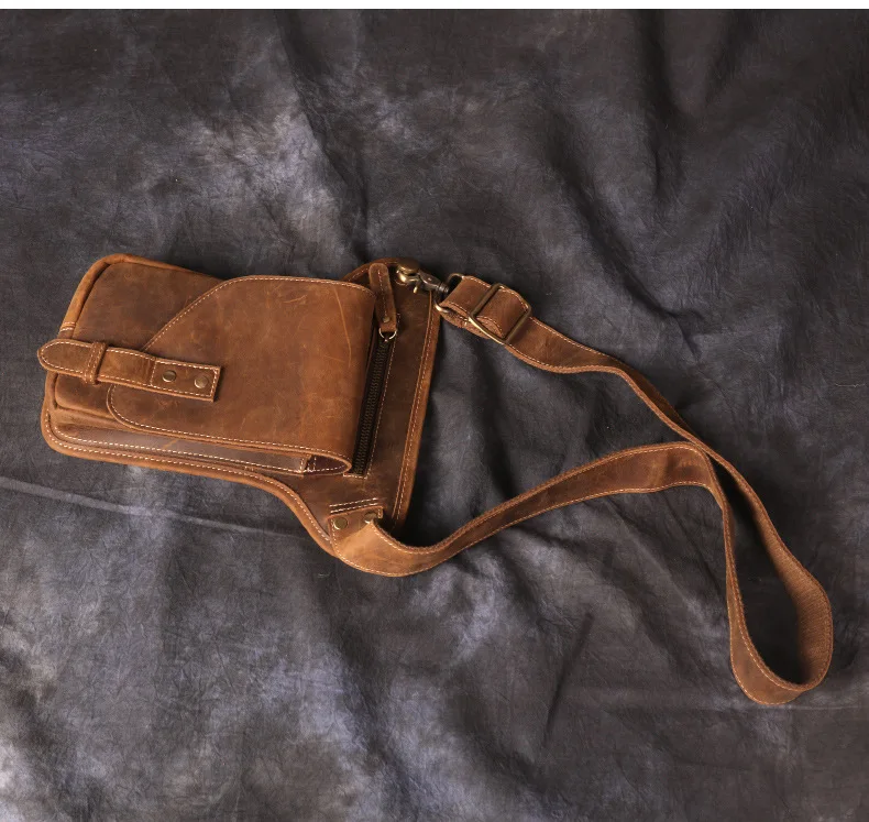 Vintage Genuine Crazy Horse Leather Waist Bag for Men Cowhide Motorcycle Crossbody Leg Saddlebags & Luggage