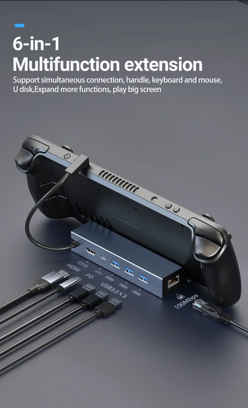 6 Ports Usb3.0 Hub for Steam Deck ROG Gaming Docking Station HDMI-4K 60hz PD 100W Docking Docking Station 120 Steam Deck