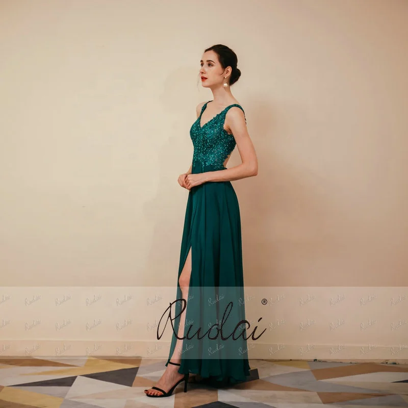 ASA291042 Elegant Sleeveless Keyhole Back Chiffon Appliques Evening Dress High Split Formal Gowns