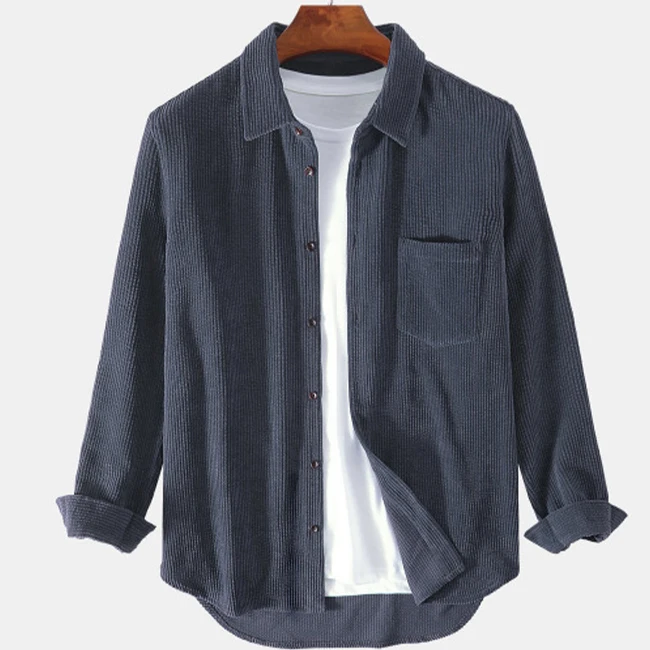 Oem Custom logo Print Turn Down Collar Brown Long Sleeve Fashion Loose Mens Corduroy Solid Color Shirt