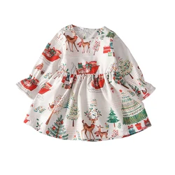 Bell-sleeve winter sled deer print long sleeve infant baby girls christmas dresses