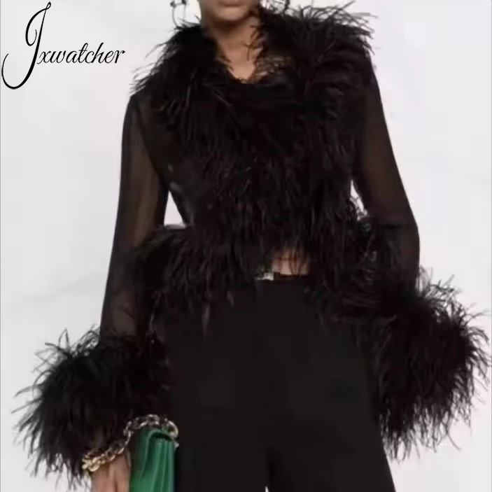 Jxwatcher Night Dress Mesh Ostrich Feather Shirt Jacket Cropped Tops Genuine Fur Coat Sexy Women Real Ostrich Fur Coat Fluffy