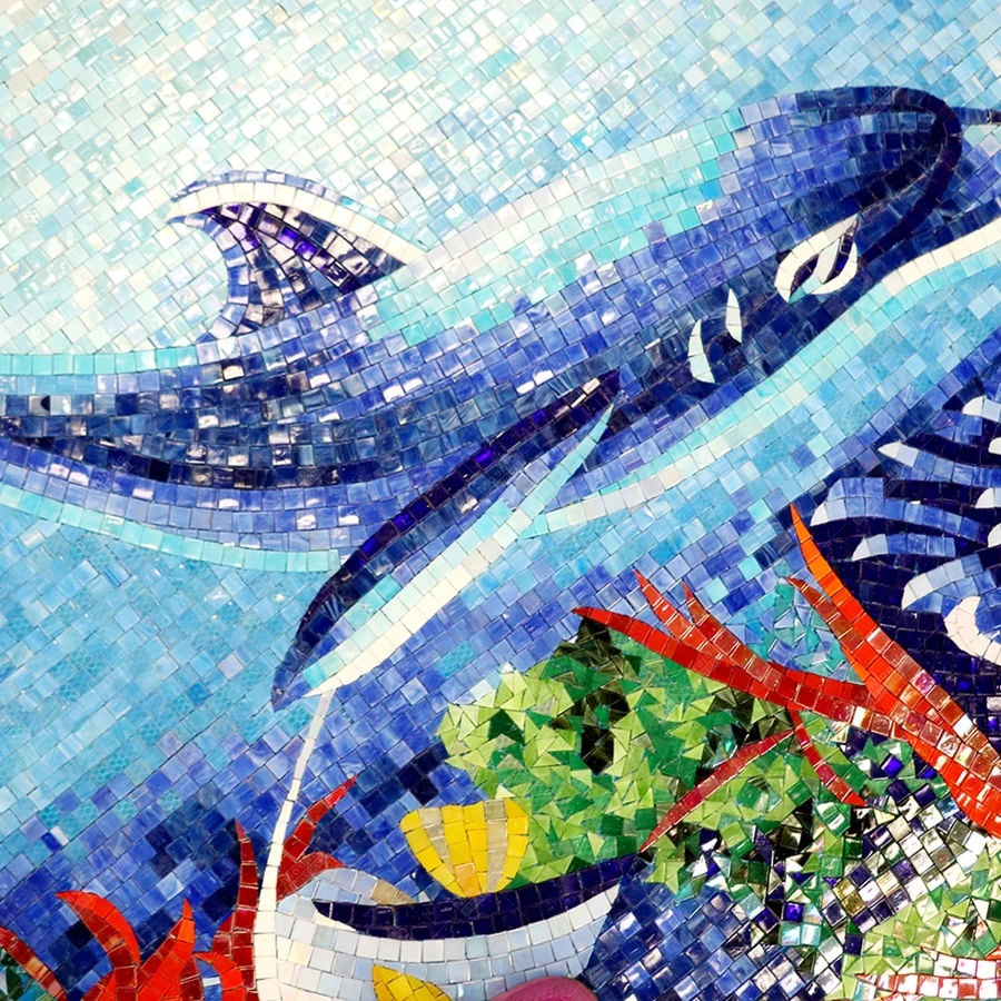 New Design Dolphin Fish Pattern Hand-cut Mosaic Art Glass Tile Ocean Mural for Living Room Wall Hotel Bathroom Swimming Pool