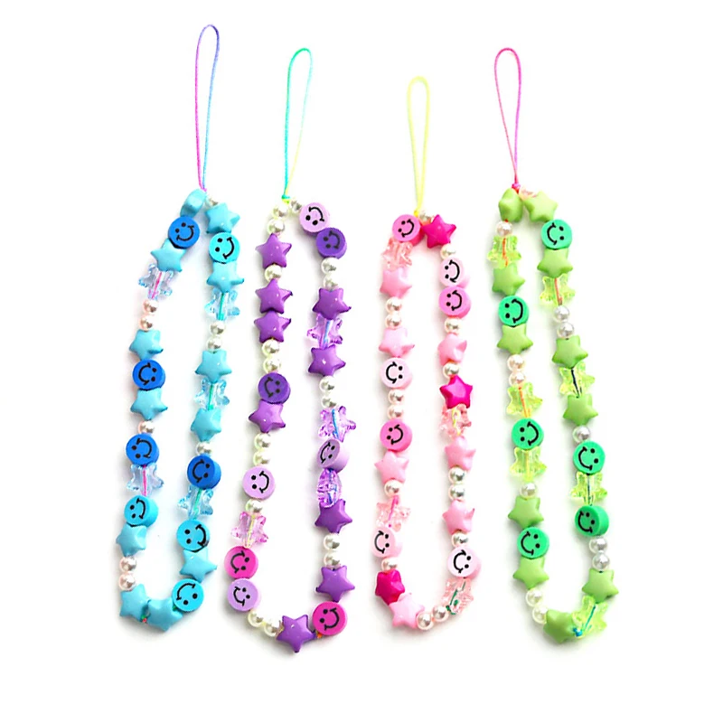 Универсальный ремешок для мобильного телефона со смайликом фруктами звездами буквами жемчужинами ручной работы радужной защиты телефона Шарм ремешок для девушек женщин