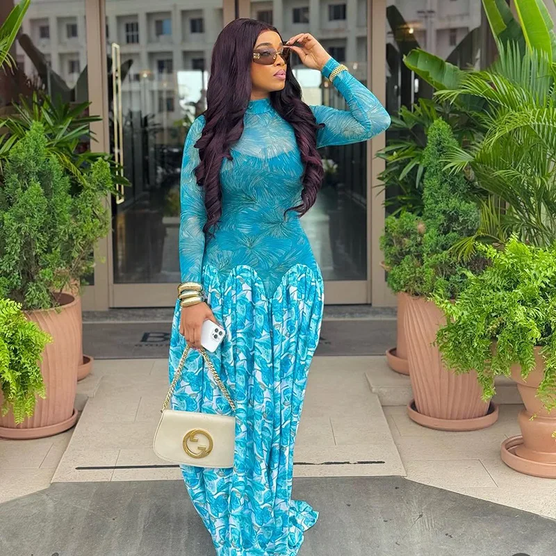 Women a Line Maxi Dress Autumn Light Blue Long Sleeve Dress Slim Waist Mid-turtleneck Chic Elegant Evening Dresses Ladies Women a Line Maxi Dress Autumn Light Blue Long Sleeve Dress Slim Waist Mid-turtleneck Chic Elegant Evening Dresses Ladies