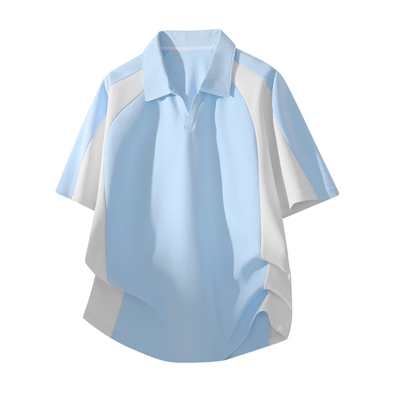 Men's color-blocked shirt, 63.6% polyester, 36.4% cotton blend, casual and comfortable short-sleeved T-shirt.
