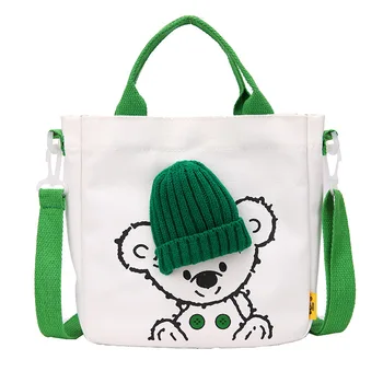 Children's Bag Korean Fashion One Shoulder Bag Girl Cartoon Bear Hat Handbag Student Canvas Messenger Bag