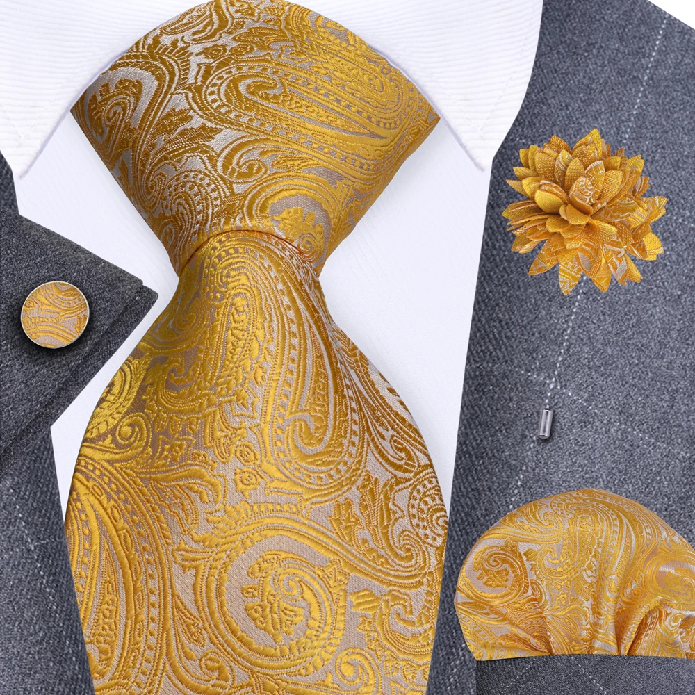 Gold Blue Striped Silk Ties For Men 8cm Mens Neck Tie Set With Brooch Pin Wedding Accessories