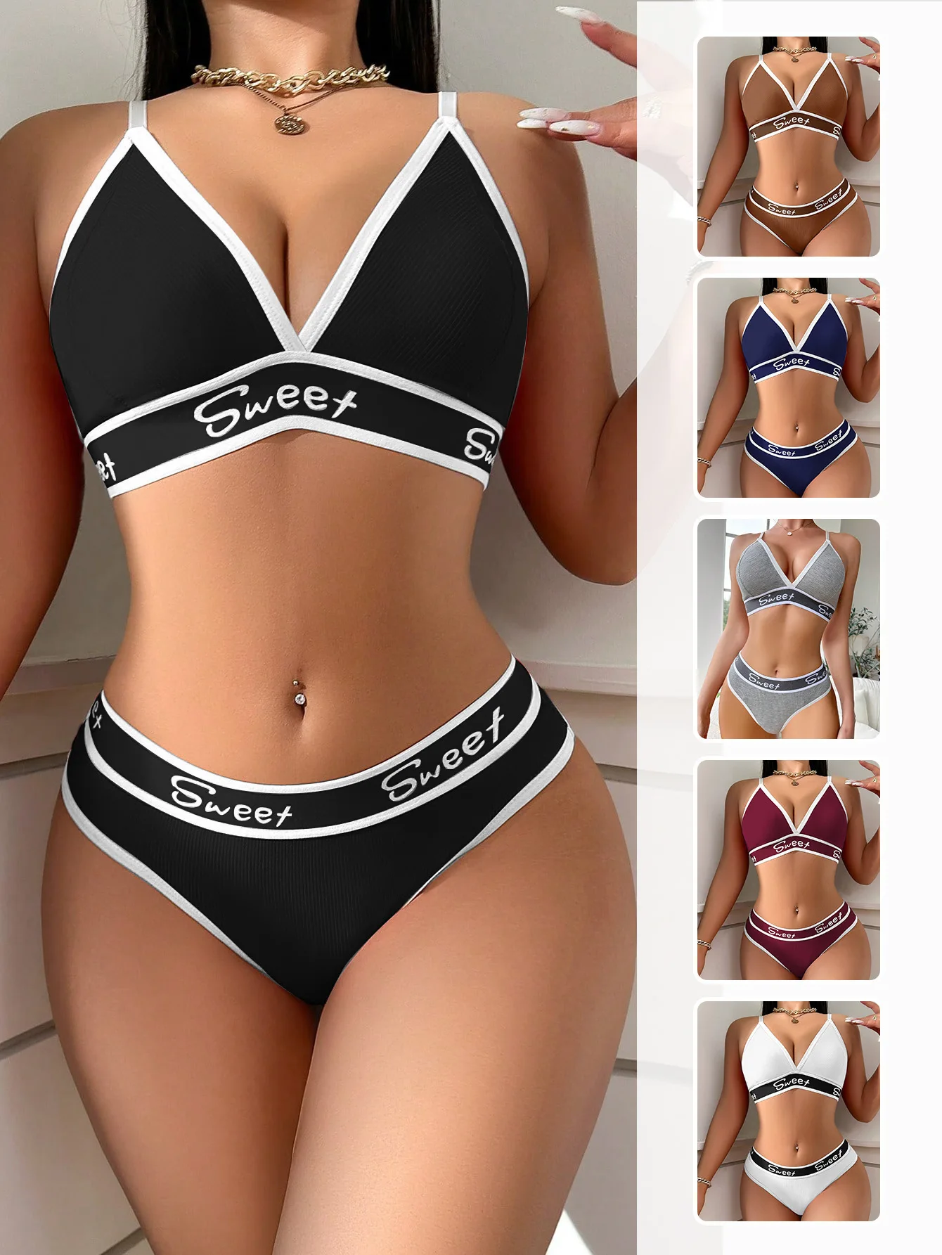 Qinelle Contrast-Trim Triangle Bra and Brief Set
