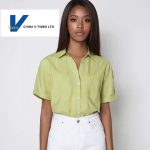 Women's Summer Workwear Short Sleeve Shirt  Turn-Down Collar Drop Shoulder Full-Open Front Vintage Pattern Design