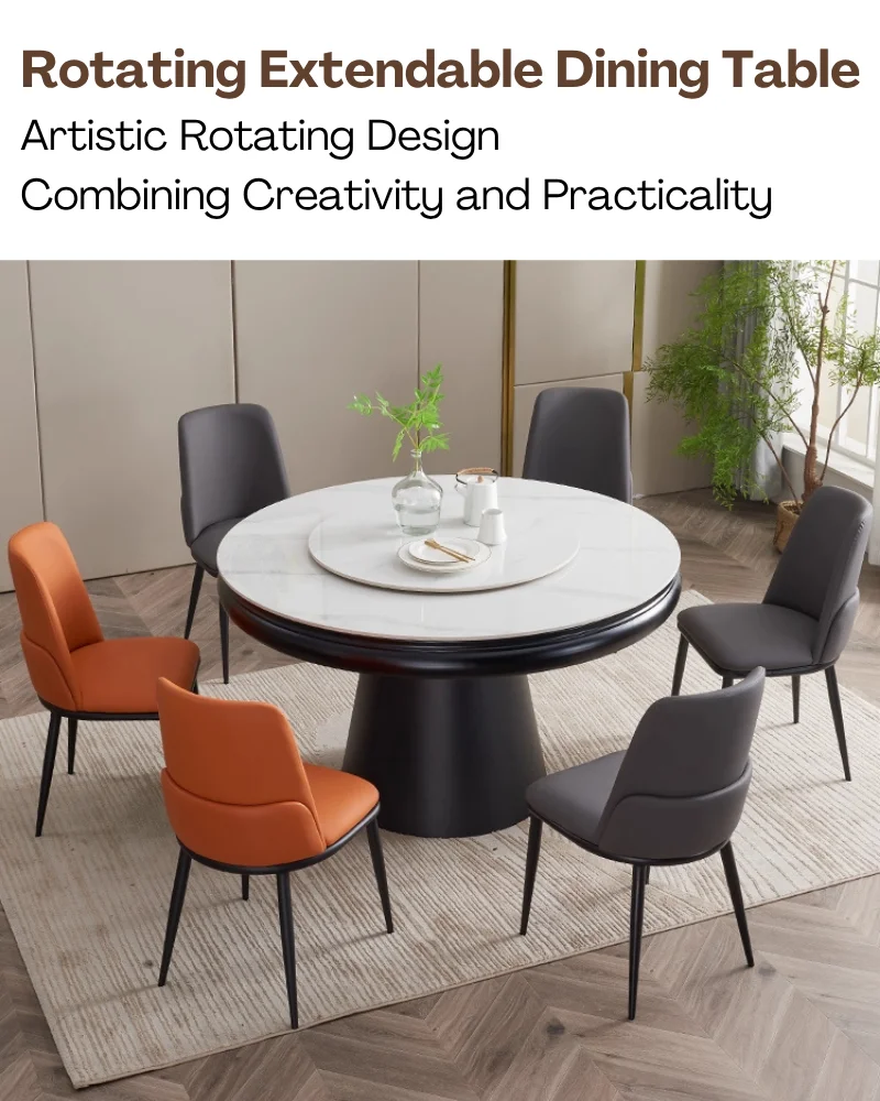 Retro Elegant Practical Wooden Tabletop Metal Base Turntable Expandable Dining Table Dining Room Restaurant Reception Room Hotel