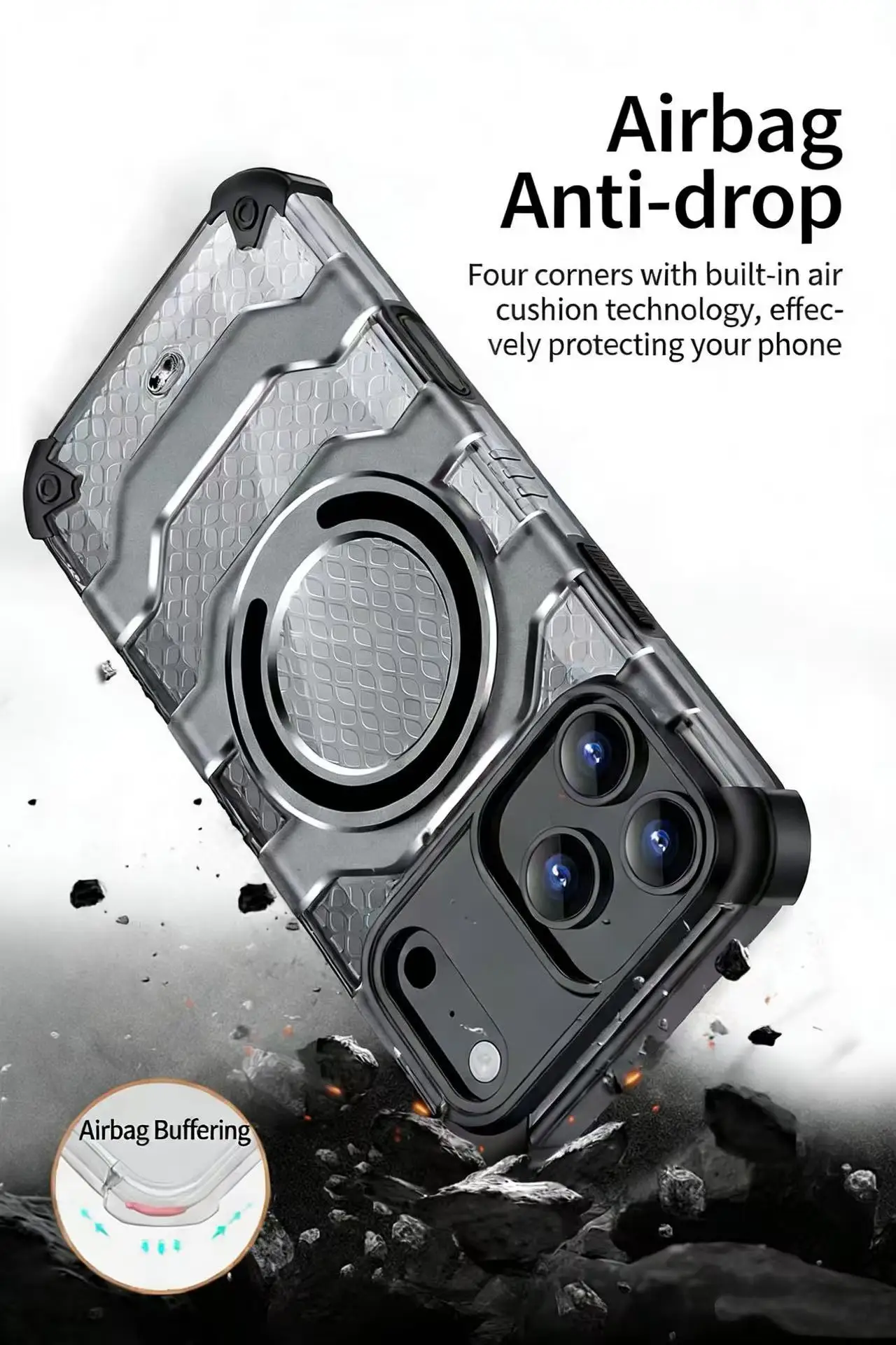 product ultra lightweight honeycomb phone case with 360 airbag protection  magnetic ring stand  anti slip design for iphone17-3
