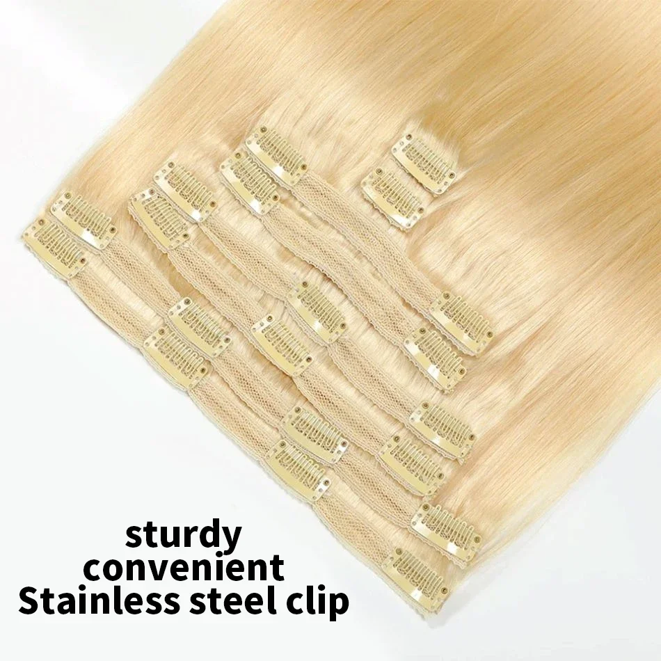 #613 Extension per capelli umani con clip lisce bionde 100% Remy 8 pezzi 120G testa intera per donne_voghion.com