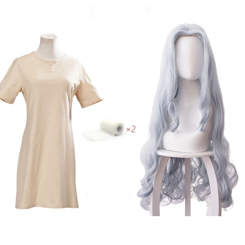 Peluca Cosplay Eri + Cuernos – Cabello Largo Rizado Gris-azul, Disfraz Completo Para Anime Y Halloween