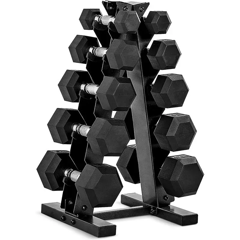 Bodybuilding Equipment Factory Direct Selling Hexagonal Dumbbell Set With Rack 5-110LB Rubber Hex Dumbbells