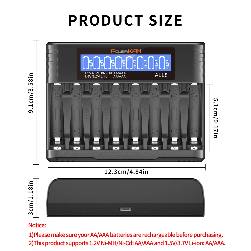 POWERKAN ALL8-B LCD 1.2v Ni-MH Battery Charger AA AAA1.5V Lithium Battery Charger Eight-slot Charger