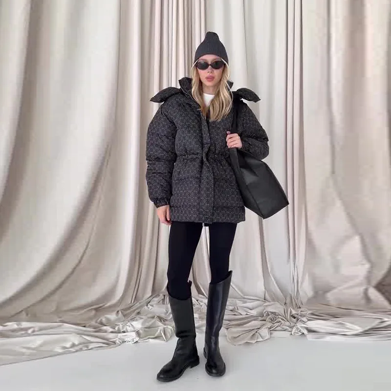 Autumn New European American Women's Printed Wool/Silk Hooded Mandarin Collar Blazer Jacket