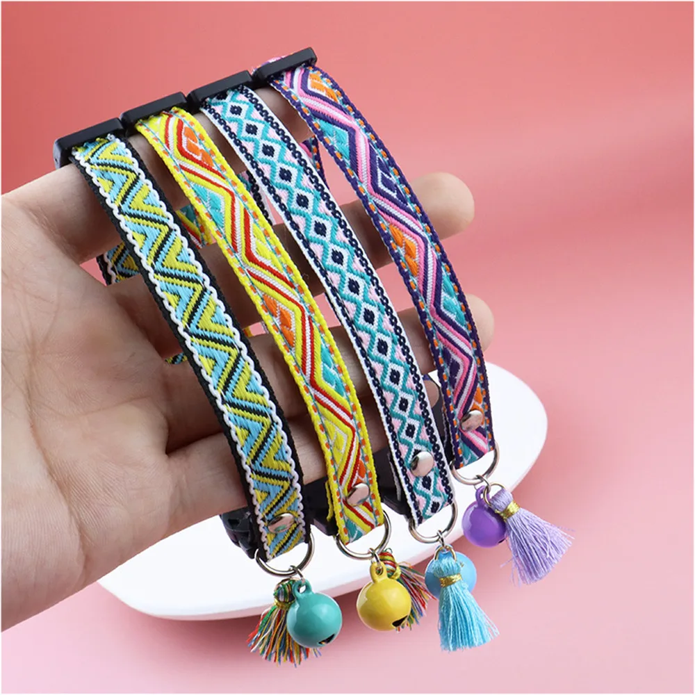 Breakaway Cat Collar with Bell and Bow Tie Tribal Pattern Geometric Adjustable Safety Kitty Kitten Collars Tassel Pet Supplies