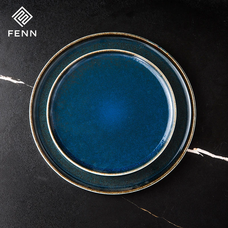 Modern Unique Reactive Blue Color Dining Room Dinner Plates High Straight Edge Round Steak Plate Hotel Used Pasta Plate Ceramic