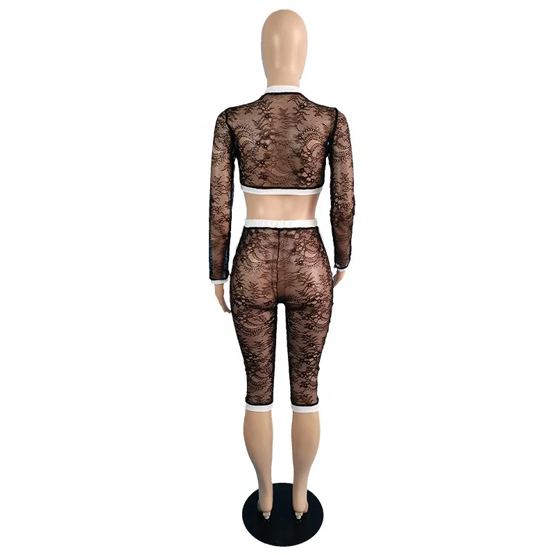 
QC-TC077 2021 трендовые прозрачного кружевного полотна с длинным рукавом Топ и короткие штаны, черный комплект из двух предметов, комплект с шортами 