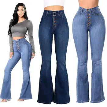 Womens Bell Bottom Jeans High Waisted Ripped Flare Wide Leg Y2K Denim Pants