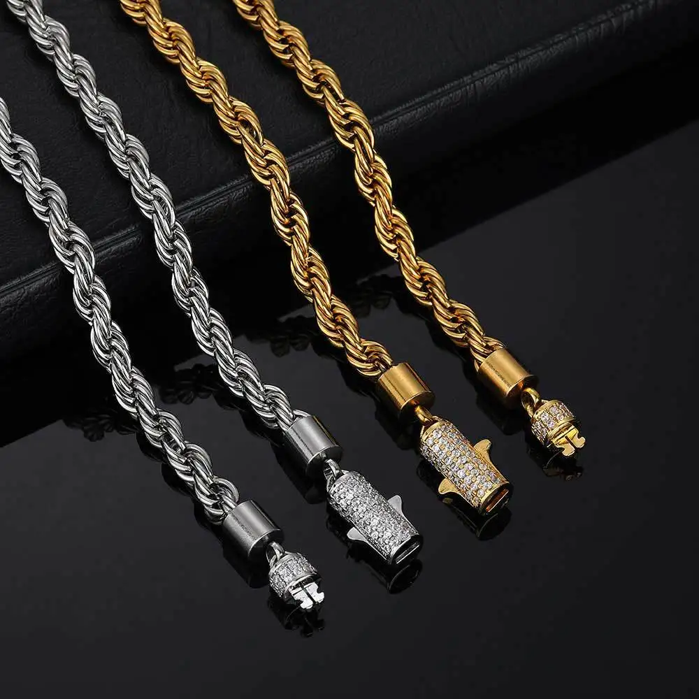 Hip Hop 6MM Stainless Steel Rope Chain Necklace Iced Out