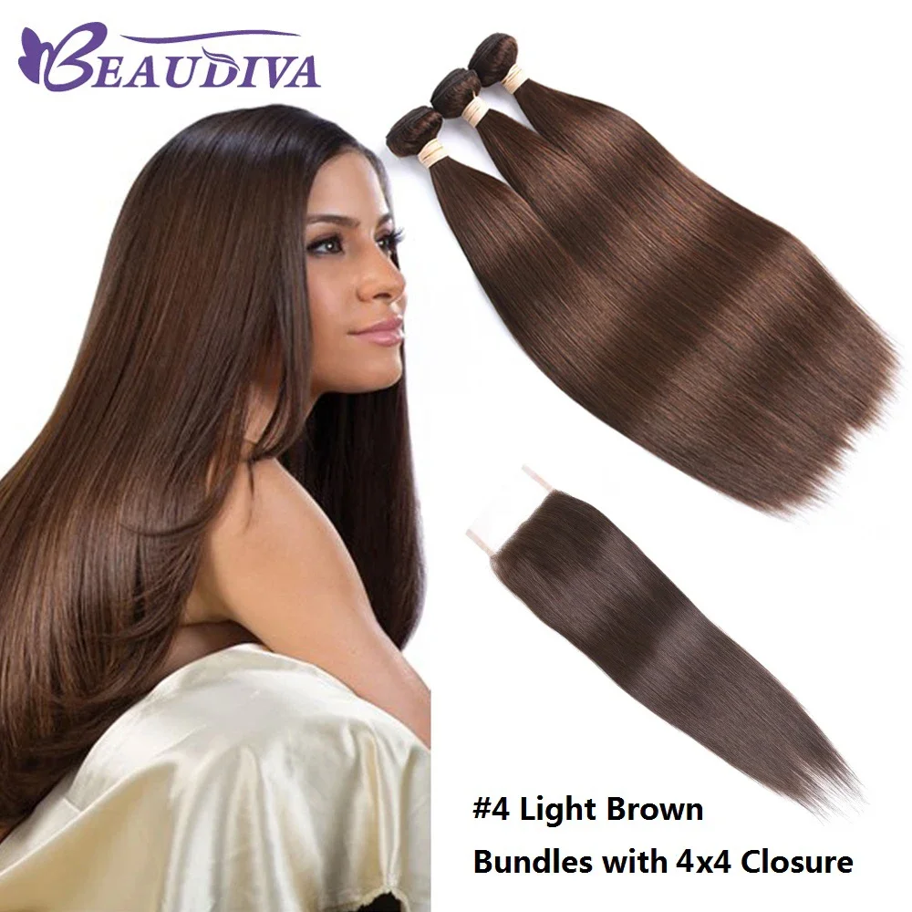 Dark Brown Peruvian Straight Human Hair Weave 3 Bundles with 4x4 Closure and Light Brown Hair Bundles with Closure_voghion.com