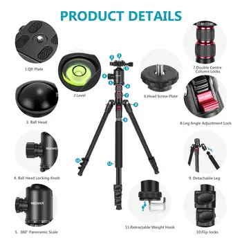 NEEWER 360 Degree Ball Head Tripod Aluminum Lightweight Travel Tripod 34lb Max Load 77 Inch Camera Tripod Monopod detail image