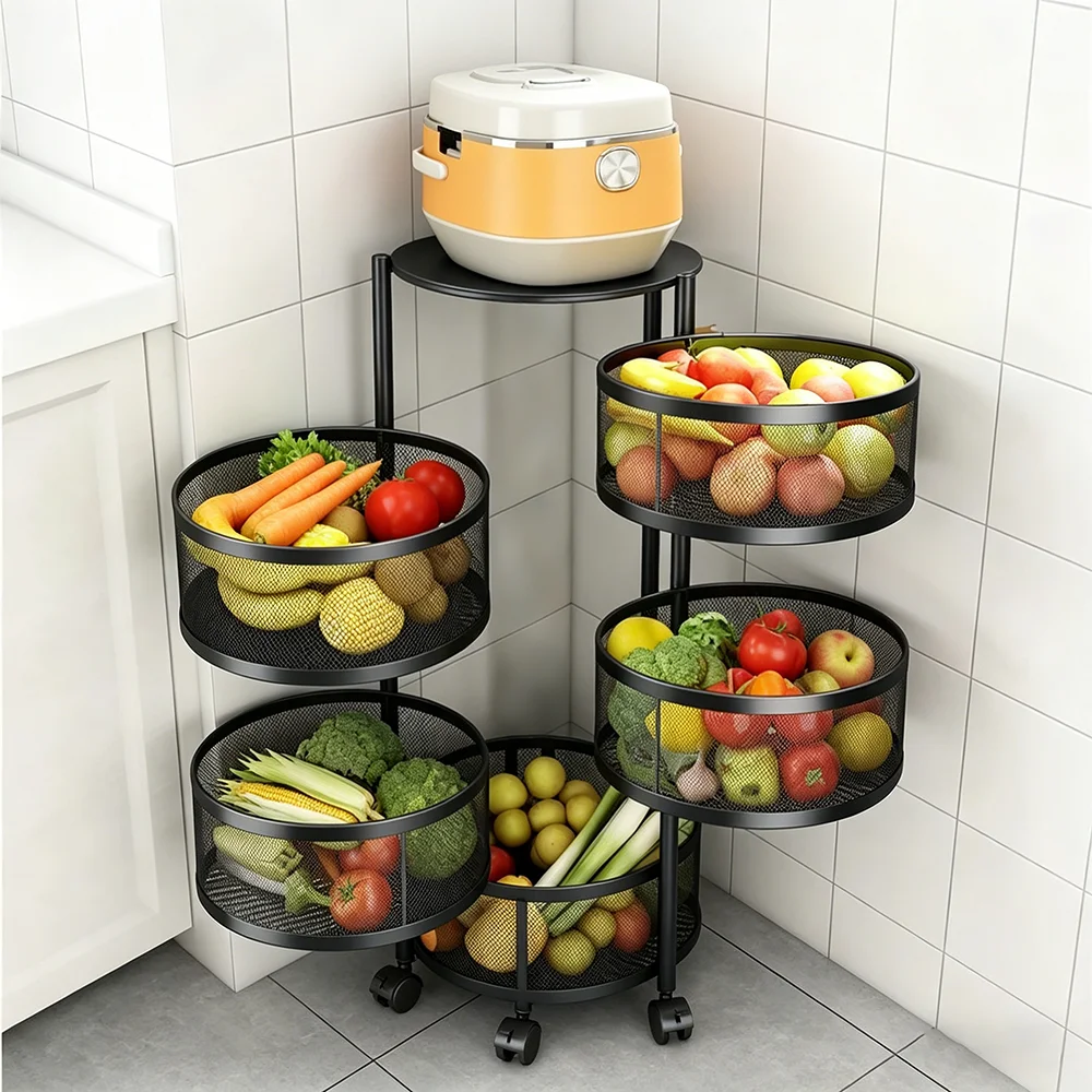Rotating Steel 4-Tier Durable Shelf Round Trolley Vegetable Fruit Cart Multifunctional Kitchen Storage Rack
