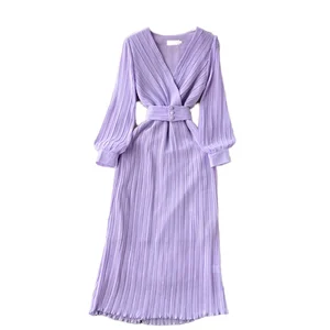 Autumn New Purple Casual Long Sleeve Dress with High Quality French Name Waist Pleated V-Neck Sexy Style Lining for Sea Shipment